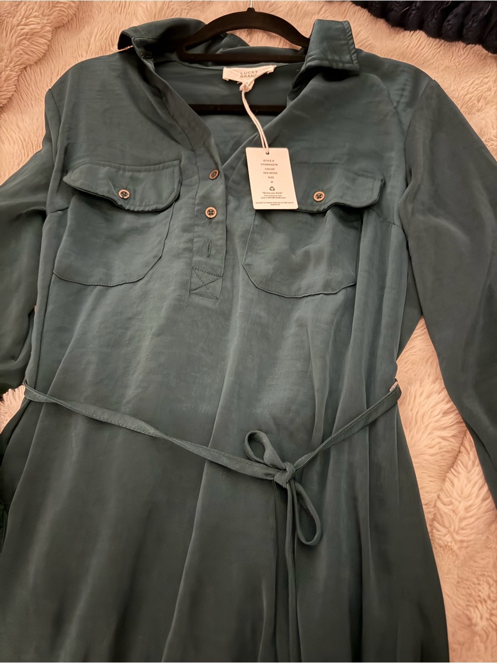 Lucky Brand Sea Moss Green Satin Shirt Dress Size M NWT